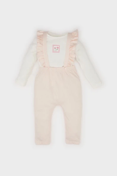 Defacto D9094 Pembe Kız Bebek 2'li Takım Çiçekli Uzun Kollu Krinkıl Kumaş Tişört Salopet Tulum ürün görseli 1
