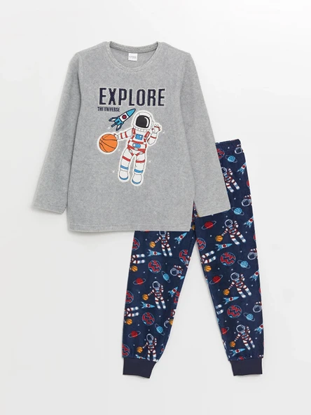 LCW Kids Gri Bisiklet Yaka Baskılı Uzun Kollu Polar Erkek Çocuk Pijama Takımı ürün görseli 1