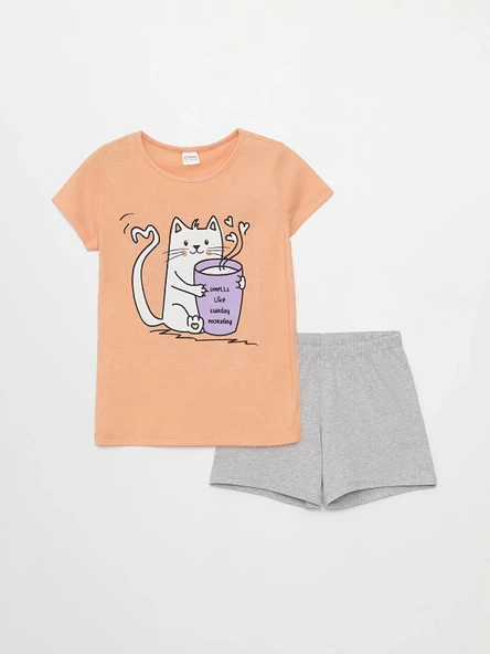 LCW Kids Pembe Bisiklet Yaka Baskılı Kısa Kollu Kız Çocuk Şortlu Pijama Takımı ürün görseli 1