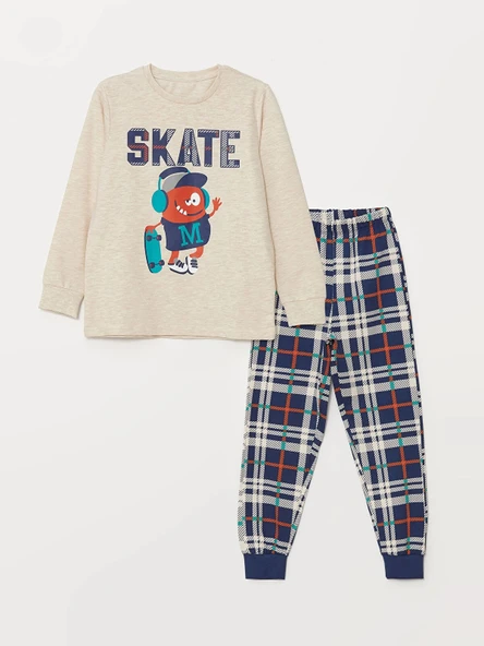 LCW Kids Bej Bisiklet Yaka Baskılı Uzun Kollu Erkek Çocuk Pijama Takımı ürün görseli 1