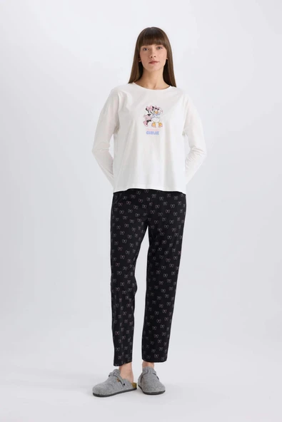 Defacto D8464 Siyah Disney Mickey Mouse &Friends Pijama Takımı Uzun Kollu Üst Esnek Belli Uzun Alt-Fall in Love ürün görseli 1