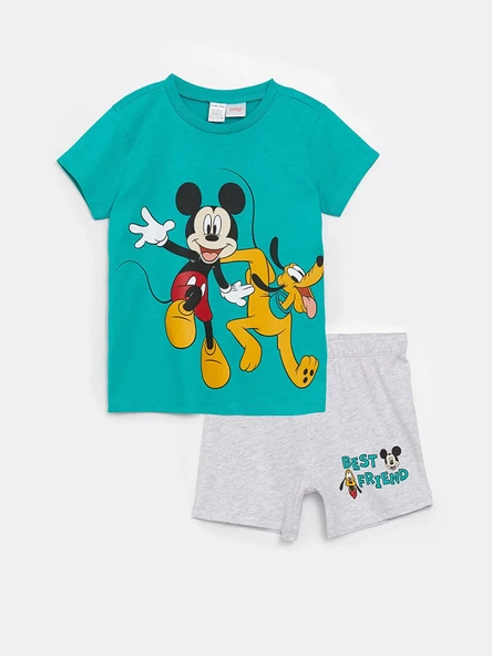 LCW baby Yeşil Bisiklet Yaka Kısa Kollu Mickey Mouse Baskılı Erkek Bebek Pijama Takımı ürün görseli 1
