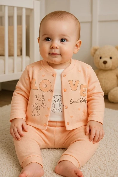 Love Tşan Desenli Kol Detaylı 3'lü Hırkalı Kız Bebek Takım ürün görseli 1
