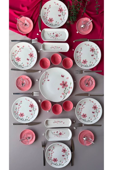 Yiğit Seramik Züccaciye Bahar Model 6 Kişilik 23 Parça Röfyeli Modern Kahvaltı Takımı - Brunch Set (Pembeçyt) ürün görseli 1