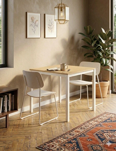 Modern Mutfak Masası 88x60cm Beyaz Metal Ayak Ahşap Desenli ürün görseli 1