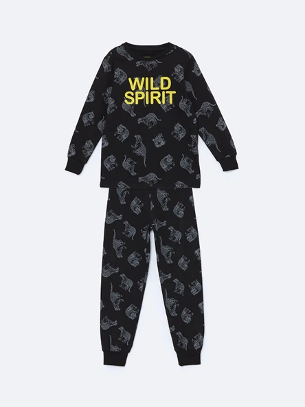 LCW Kids Antrasit Bisiklet Yaka Baskılı Uzun Kollu Erkek Çocuk Pijama Takımı ürün görseli 1