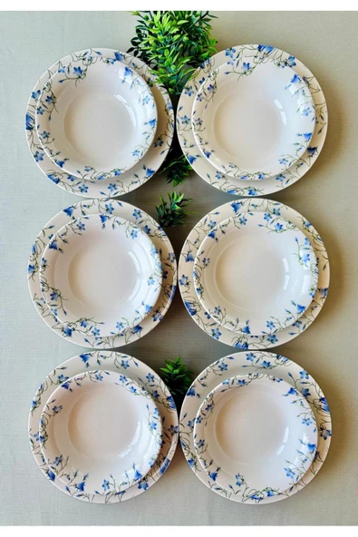 Yiğit Seramik Züccaciye Mavi Çiğdem Model 12 Parça Modern Yemek Takımı (6 Çorba + 6 Yemek Tabağı) ürün görseli 1