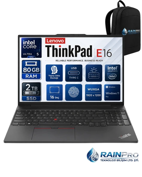 Thinkpad E16 Gen2 Intel Core Ultra 5 125U 80 GB DDR5 2 TB SSD 16" Wuxga IPS Windows 11 Pro Taşınabilir Bilgisayar 21MA003RNP27 ürün görseli 1