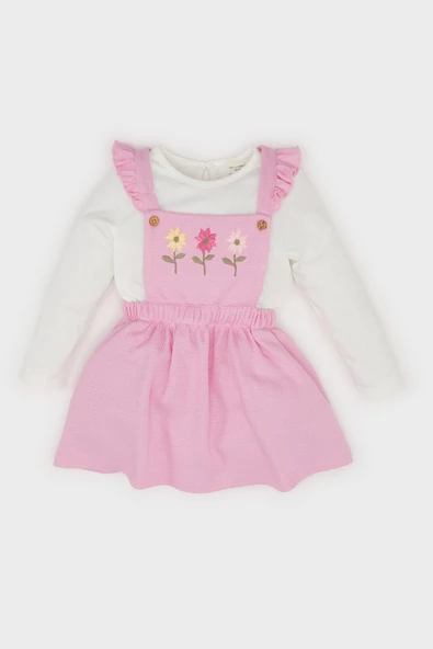 Defacto D9326 Pembe Kız Bebek 2'li Takım Bisiklet Yaka Uzun Kollu Üst Askılı Salopet Elbise ürün görseli 1