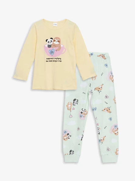 LCW Kids Sari Bisiklet Yaka Baskılı Kız Çocuk Pijama Takımı ürün görseli 1