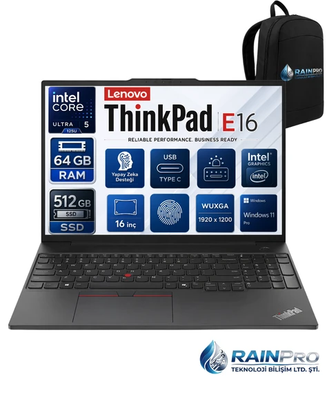 Thinkpad E16 Gen2 Intel Core Ultra 5 125U 64 GB DDR5 512 GB SSD 16" Wuxga IPS Windows 11 Pro Taşınabilir Bilgisayar 21MA003RNP21 ürün görseli 1