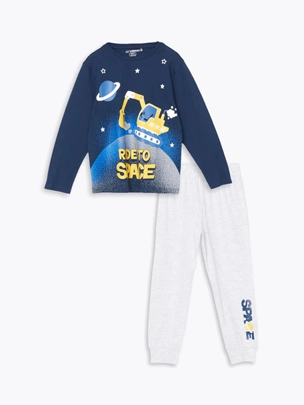 LCW Kids Lacivert Bisiklet Yaka Baskılı Erkek Çocuk Pijama Takımı ürün görseli 1