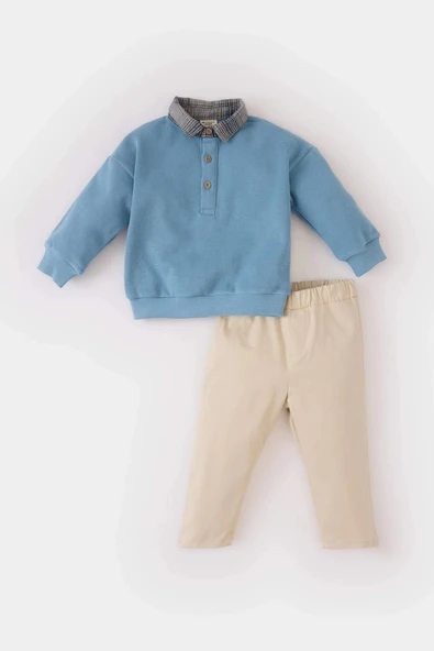 Defacto E0321 Mavi Erkek Bebek 2'li Takım Gömlek Yaka Sweatshirt Beli Lastikli Alt ürün görseli 1