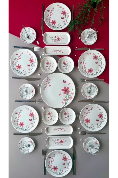 Yiğit Seramik Züccaciye Bahar Model 6 Kişilik 21 Parça Röfyeli Modern Kahvaltı Takımı - Brunch Set (Pembe) ürün görseli 1