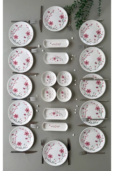Yiğit Seramik Züccaciye Bahar Model 12 Kişilik 20 Parça Röfyeli Modern Kahvaltı - Brunch Takımı (Pembe) ürün görseli 1