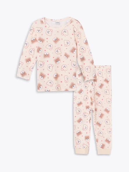 LCW Kids Ekru Bisiklet Yaka Baskılı Kız Çocuk Pijama Takımı ürün görseli 1