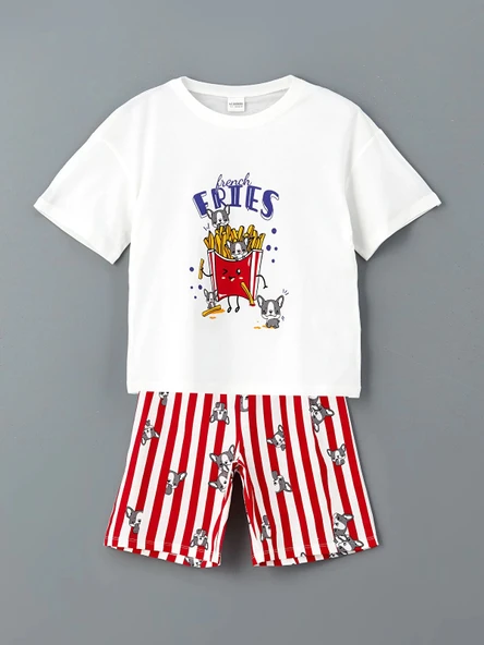 LCW Kids Beyaz Bisiklet Yaka Kız Çocuk Şortlu Pijama Takımı ürün görseli 1