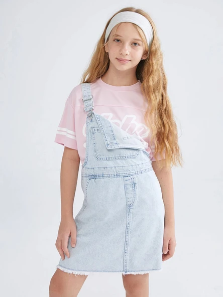 LCW Kids Mavi Kare Yaka Kız Çocuk Jean Salopet Elbise ürün görseli 1