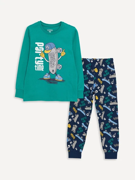 LCW Kids Yeşil Bisiklet Yaka Baskılı Uzun Kollu Erkek Çocuk Pijama Takımı ürün görseli 1