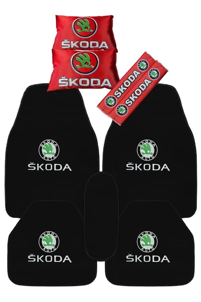 Skoda Araçlar İçin Siyah Oto Konfor Seti - 5 Parça Oto Halı Paspas & Kırmızı Araç Yastık - Emniyet Kemer Pedi ürün görseli 1