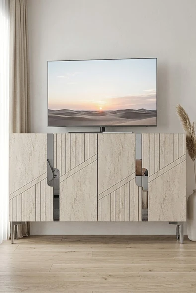 KA1228BTS EVVA Konsol ve Tv Sehpası Beyaz-Traverten-Silver 120cm ürün görseli 1
