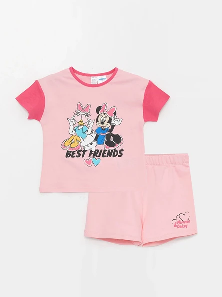 LCW baby Pembe Bisiklet Yaka Kısa Kollu Baskılı Kız Bebek Tişört ve Şort 2'li Takım ürün görseli 1