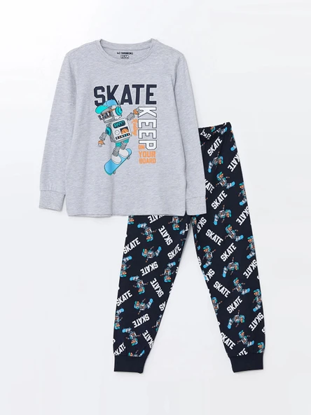 LCW Kids Gri Bisiklet Yaka Baskılı Uzun Kollu Erkek Çocuk Pijama Takımı ürün görseli 1