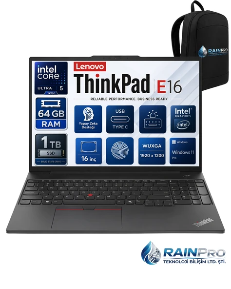 Thinkpad E16 Gen2 Intel Core Ultra 5 125U 64 GB DDR5 1 TB SSD 16" Wuxga IPS Windows 11 Pro Taşınabilir Bilgisayar 21MA003RNP22 ürün görseli 1