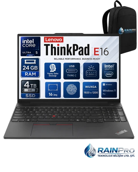 Thinkpad E16 Gen2 Intel Core Ultra 5 125U 24 GB DDR5 4 TB SSD 16" Wuxga IPS Windows 11 Pro Taşınabilir Bilgisayar 21MA003RNP08 ürün görseli 1