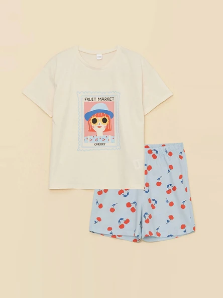 LCW Kids Ekru Bisiklet Yaka Baskılı Kısa Kollu Kız Çocuk Şortlu Pijama Takımı ürün görseli 1