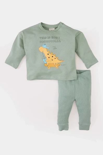 Defacto E2398 Haki Erkek Bebek 2'li Takım Dinazor Baskılı Uzun Kollu Tişört Beli Lastikli Alt ürün görseli 1
