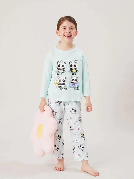 LCW Kids Turkuaz Bisiklet Yaka Kız Çocuk Pijama Takımı ürün görseli 1