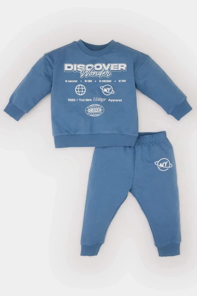 Defacto D7922 Mavi Erkek Bebek 2'li Takım Baskılı Sweatshirt Beli Lastikli Eşofman Altı ürün görseli 1
