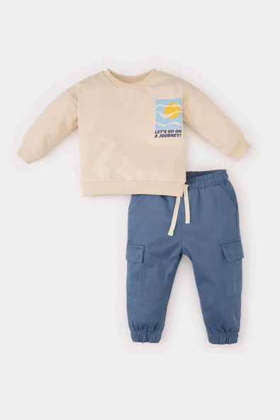 Defacto D3348 Bej Erkek Bebek 2'li Takım Baskılı Sweatshirt Beli Paçası Lastikli Alt ürün görseli 1