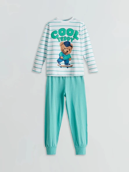 LCW Kids Beyaz Bisiklet Yaka Ayı Teddy Baskılı Erkek Çocuk Pijama Takımı ürün görseli 1