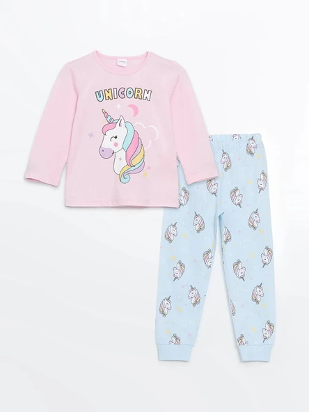LCW Kids Pembe Bisiklet Yaka Baskılı Kız Çocuk Pijama Takımı ürün görseli 1