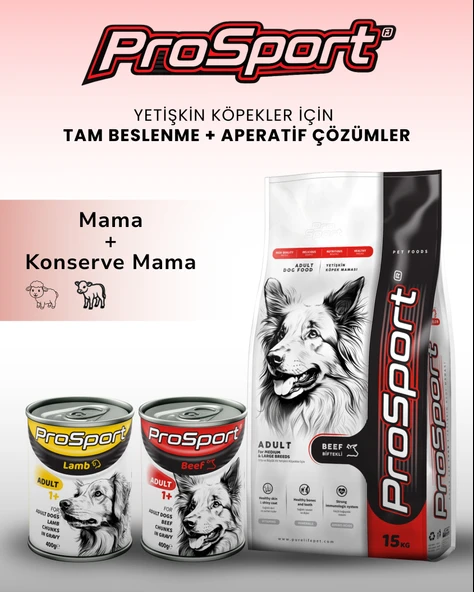 ProSport Biftekli Yetişkin Köpek Maması 15 KG + Biftekli & Kuzulu Konserve Yaş Mama 400 GR ürün görseli 1