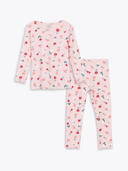 LCW Kids Pembe Bisiklet Yaka Çiçekli Kız Çocuk Pijama Takımı ürün görseli 1