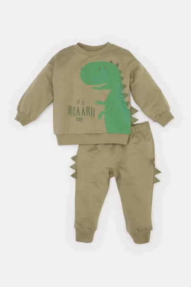 Defacto E4910 Haki Erkek Bebek 2'li Takım Dinazor Baskılı Sweatshirt Beli Lastikli Eşofman Altı ürün görseli 1