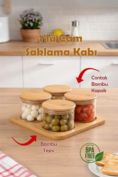 Porsima HF009006 Yuvarlak 4lü Hava Geçirmez Bambu Standlı Cam Kahvaltılık Seti Bambu Kapaklı Saklama Kabı 250ml ürün görseli 1