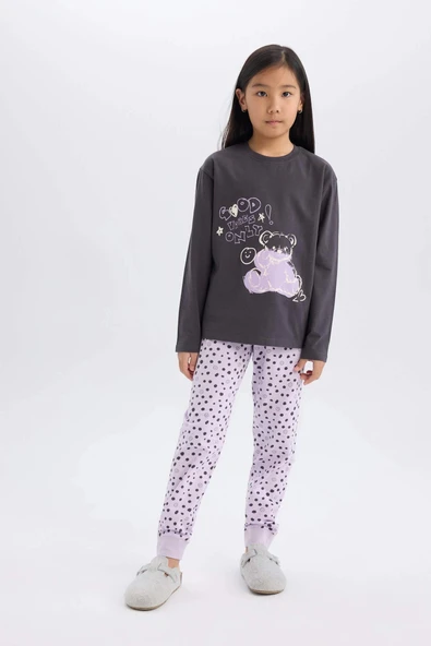 Defacto E0532 Antrasit Kız Çocuk Pijama Takımı Baskılı Uzun Kollu Üst Esnek Belli Desenli Uzun Alt ürün görseli 1