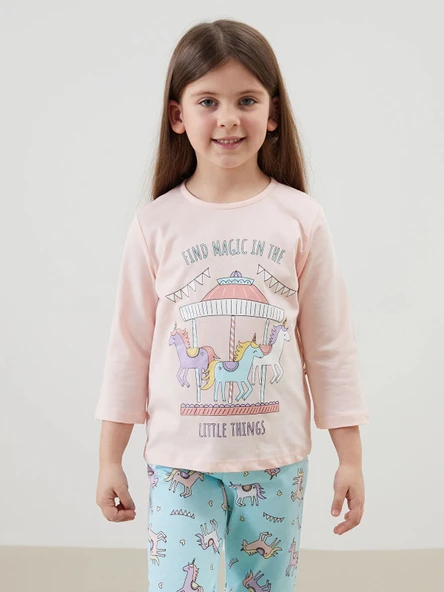 LCW Kids Pembe Bisiklet Yaka Baskılı Kız Çocuk Pijama Takımı ürün görseli 1
