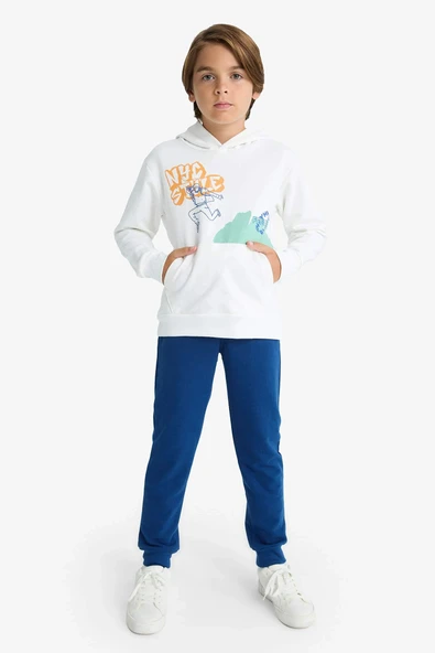 Defacto F2595A8WT32 Beyaz Erkek Çocuk 2'li Takım Baskılı Kapüşonlu Sweatshirt Eşofman Altı ürün görseli 1