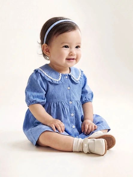 LCW baby Mavi Nakışlı Bebe Yaka Kareli Kız Bebek Elbise ürün görseli 1