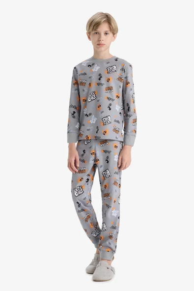 Defacto F1892A8GR265 Gri Erkek Çocuk Pijama Takımı Desenli Uzun Kollu Üst Uzun Alt ürün görseli 1