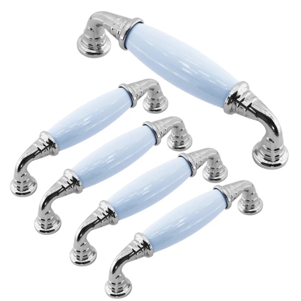 (5 Adet) Mavron Mavi Porselen Krom Kulp 96 mm 9.6 cm Mobilya Çekmece Dolabı Dolap Kapak Kulb Kulpu ürün görseli 1