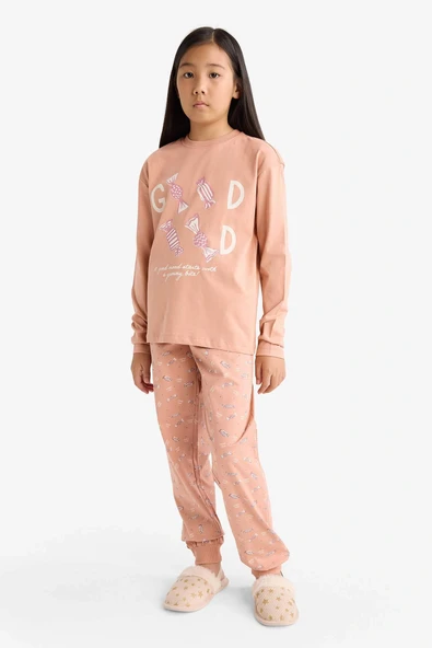 Defacto G0091A8BR478 Bordo Kız Çocuk Pijama Takımı Baskılı Uzun Kollu Üst Uzun Alt ürün görseli 1