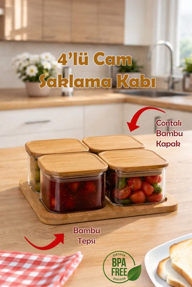 Porsima HF009009 Kare 4lü Hava Geçirmez Bambu Standlı Cam Kahvaltılık Seti Bambu Kapaklı Saklama Kabı 250ml ürün görseli 1
