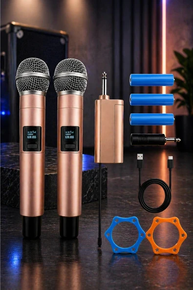 Jrl Wn-11 Profesyonel Çiftli Kablosuz El Mikrofonu Seti - UHF Bandı Şarj Edilebilir Alıcılı - Rose Gold ürün görseli 1
