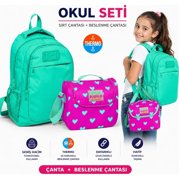Coral High Su Yeşili Üç Bölmeli Sırt Çantası 14395+Thermo Beslenme Çantası 11806 ürün görseli 1